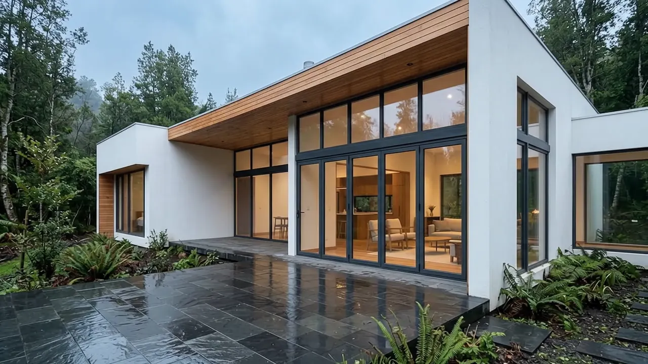 Casa contemporánea rodeada de bosque, con amplios ventanales iluminados