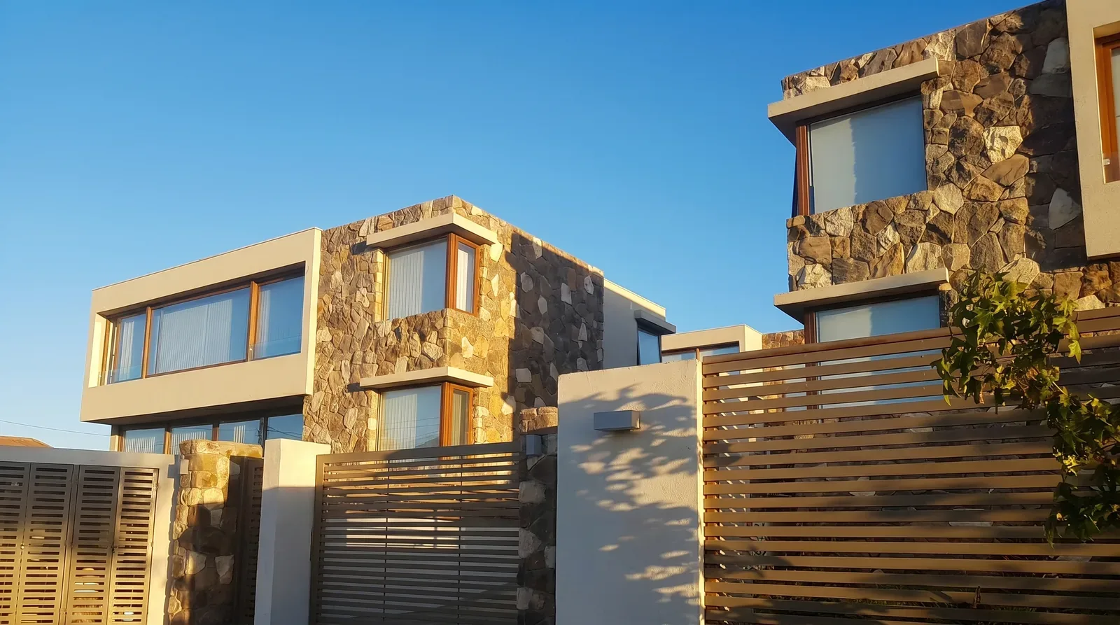Casa de piedra y madera con ventanas de PVC color madera